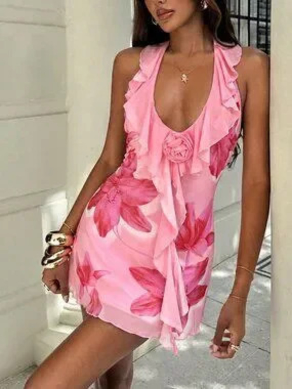 Pink Boho Women's A-Line Deep V Neck Floral Mini dress